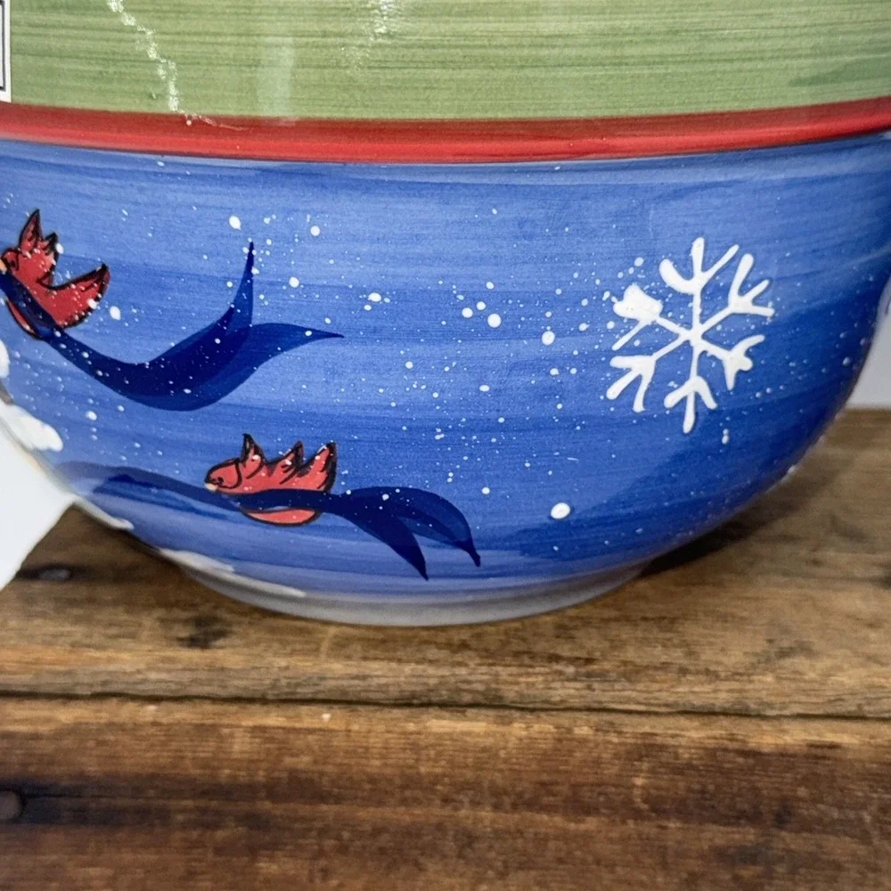 Mixing Serving Bowls Set of 2 Hand Painted‎ Christmas Tree Cardinal Stoneware